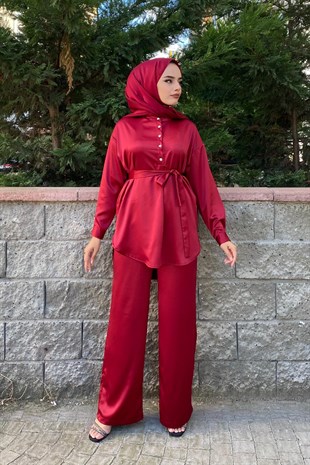Taş Düğmeli Saten Takım Bordo