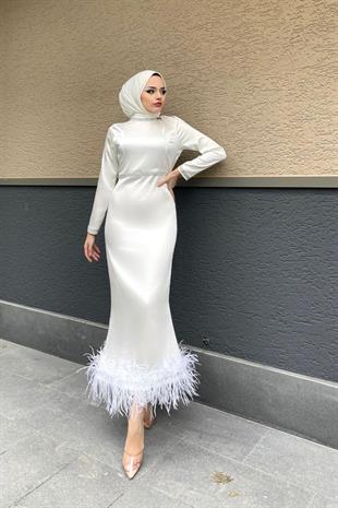 Taş İşlemeli Etek Ucu Tüy Detay Abiye Beyaz