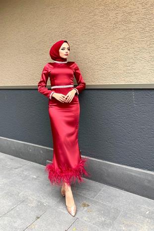 Taş İşlemeli Etek Ucu Tüy Detay Abiye Bordo