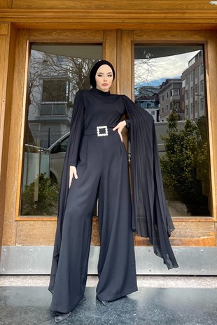 Tasarım Pelerinli Tulum Siyah