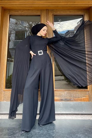 Tasarım Pelerinli Tulum Siyah