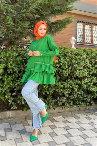 Taşlı Fırfırlı Poplin Tunik Yeşil