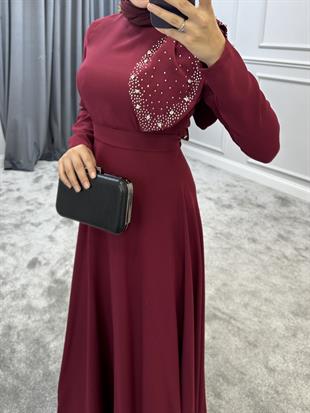 Taşlı Fiyonklu Abiye Bordo