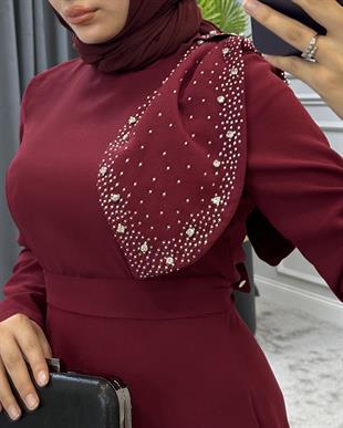 Taşlı Fiyonklu Abiye Bordo