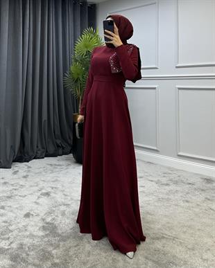 Taşlı Fiyonklu Abiye Bordo