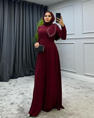 Taşlı Fiyonklu Abiye Bordo