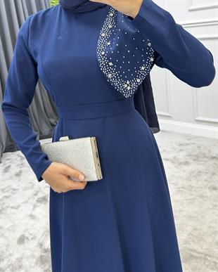 Taşlı Fiyonklu Abiye Lacivert