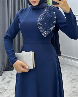 Taşlı Fiyonklu Abiye Lacivert