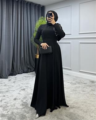 Taşlı Fiyonklu Abiye Siyah