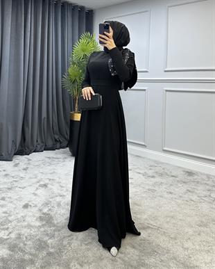 Taşlı Fiyonklu Abiye Siyah