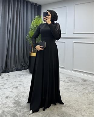 Taşlı Fiyonklu Abiye Siyah