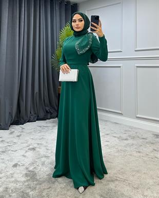 Taşlı Fiyonklu Abiye Yeşil