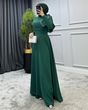 Taşlı Fiyonklu Abiye Yeşil