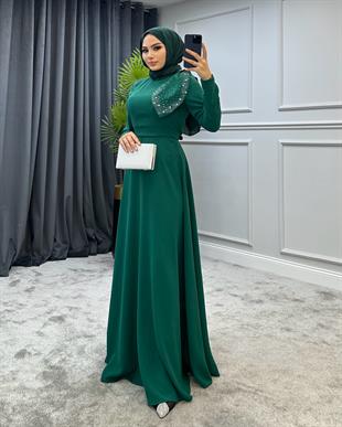 Taşlı Fiyonklu Abiye Yeşil