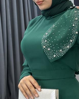 Taşlı Fiyonklu Abiye Yeşil