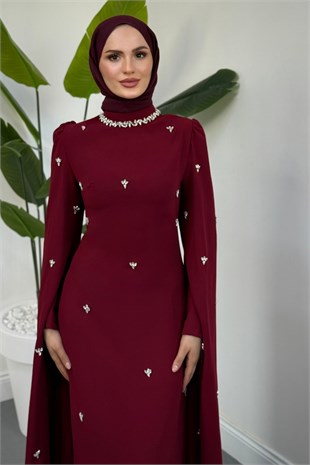 Taylor Taşlı Kolları Pelerinli Abiye Bordo 