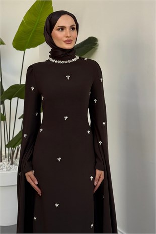 Taylor Taşlı Kolları Pelerinli Abiye Kahverengi