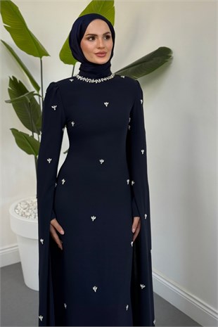 Taylor Taşlı Kolları Pelerinli Abiye Lacivert