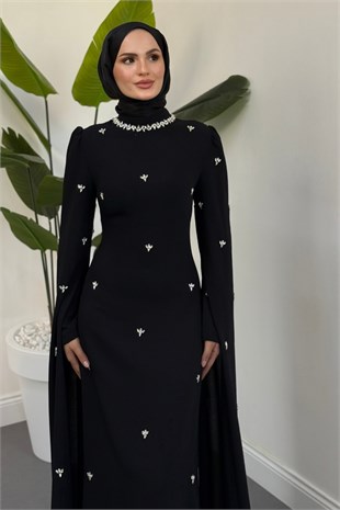 Taylor Taşlı Kolları Pelerinli Abiye Siyah 
