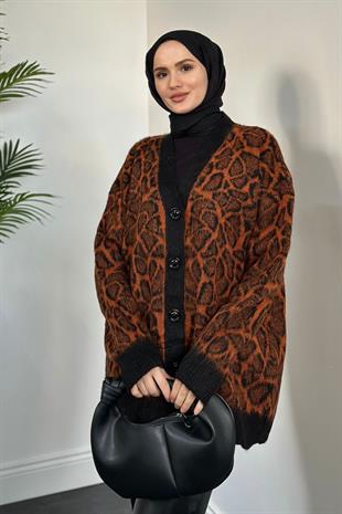 Tedra Leopar Düğmeli Hırka Kiremit