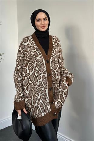 Tedra Leopar Düğmeli Hırka Vizon