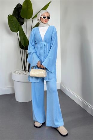 Tera Pliseli Hırka Takım Bebe Mavisi