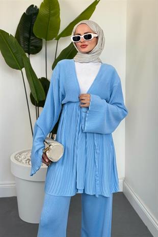 Tera Pliseli Hırka Takım Bebe Mavisi