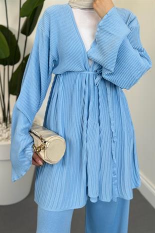 Tera Pliseli Hırka Takım Bebe Mavisi