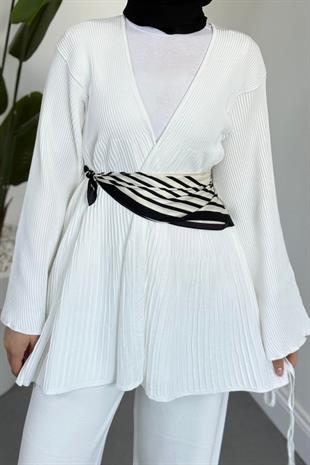 Tera Pliseli Hırka Takım Beyaz