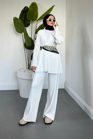 Tera Pliseli Hırka Takım Beyaz