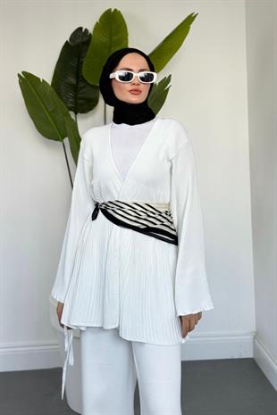 Tera Pliseli Hırka Takım Beyaz