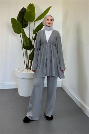 Tera Pliseli Hırka Takım Gri