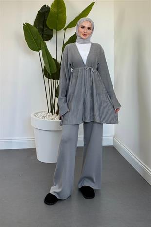 Tera Pliseli Hırka Takım Gri