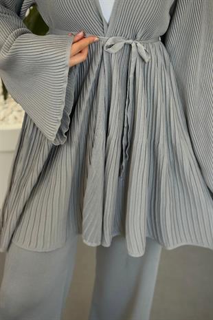 Tera Pliseli Hırka Takım Gri