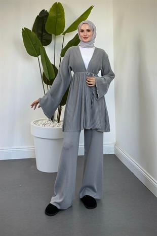 Tera Pliseli Hırka Takım Gri