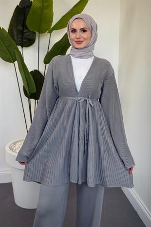 Tera Pliseli Hırka Takım Gri