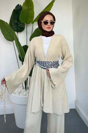 Tera Pliseli Hırka Takım Krem