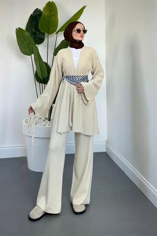 Tera Pliseli Hırka Takım Krem