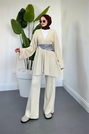 Tera Pliseli Hırka Takım Krem