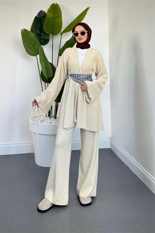 Tera Pliseli Hırka Takım Krem