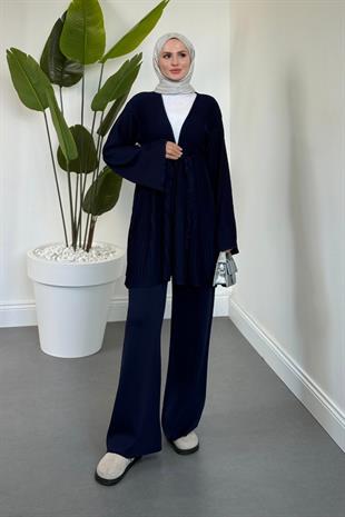 Tera Pliseli Hırka Takım Lacivert