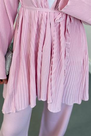 Tera Pliseli Hırka Takım Şeker Pembesi