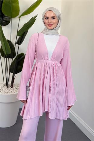 Tera Pliseli Hırka Takım Şeker Pembesi