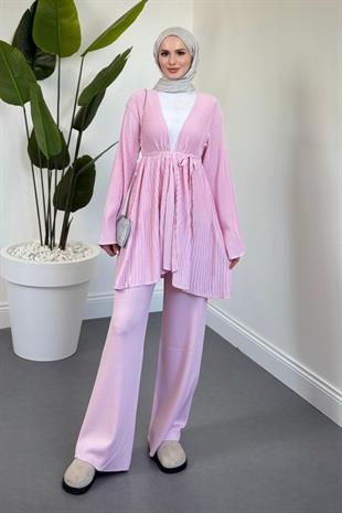 Tera Pliseli Hırka Takım Şeker Pembesi