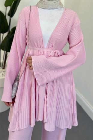 Tera Pliseli Hırka Takım Şeker Pembesi