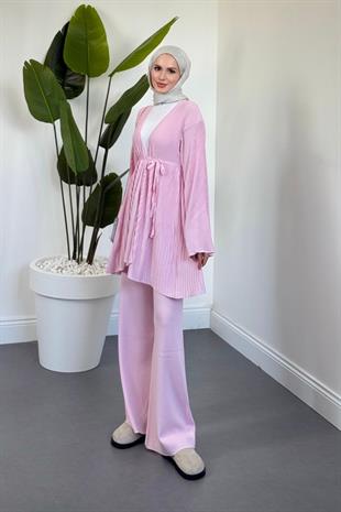 Tera Pliseli Hırka Takım Şeker Pembesi