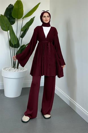 Tera Pliseli Hırka Takım Vişne Çürüğü