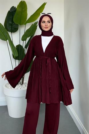 Tera Pliseli Hırka Takım Vişne Çürüğü