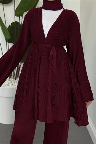 Tera Pliseli Hırka Takım Vişne Çürüğü