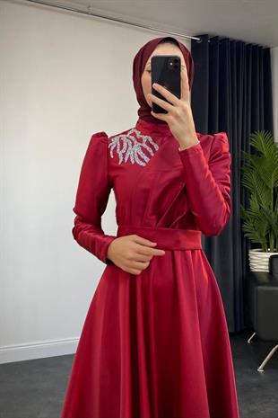 Tia Omzu Taşlı Abiye Tafta Abiye Bordo